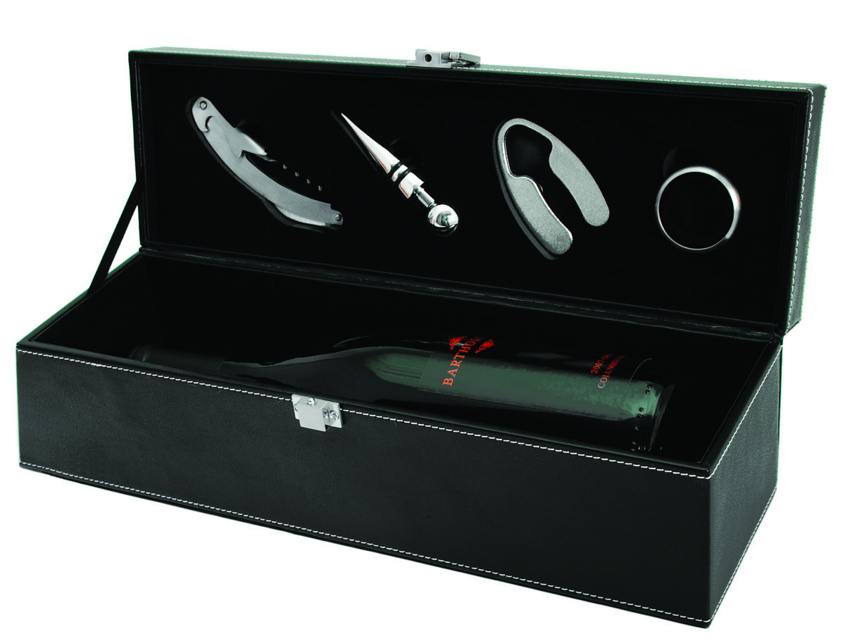 Black Faux Leather 1 Bottle Accessory Gift Set