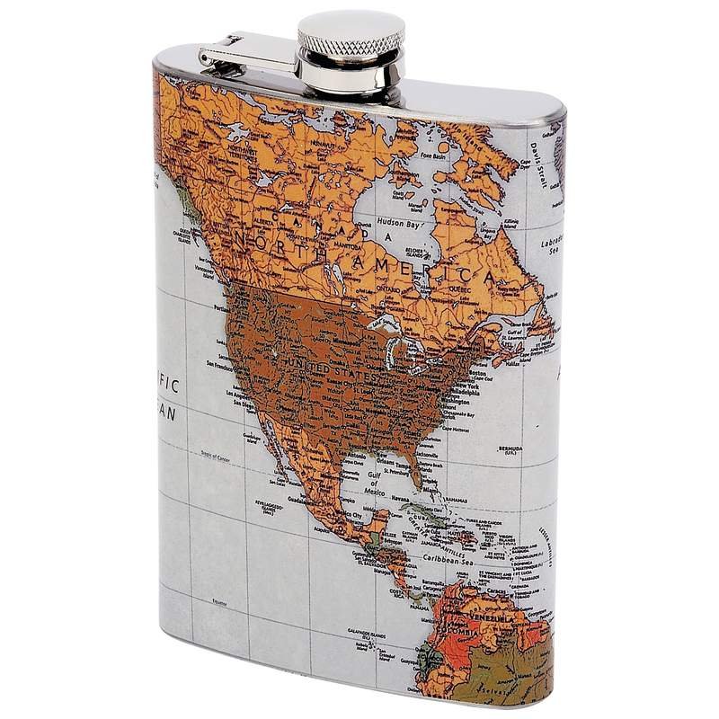 8 Oz Hip Flask with Antique World Map Wrap