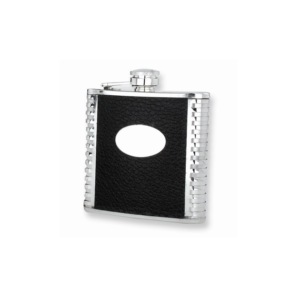 Black Faux Leather Polished Stainless Steel Hip Flask - Engravable Gift Item
