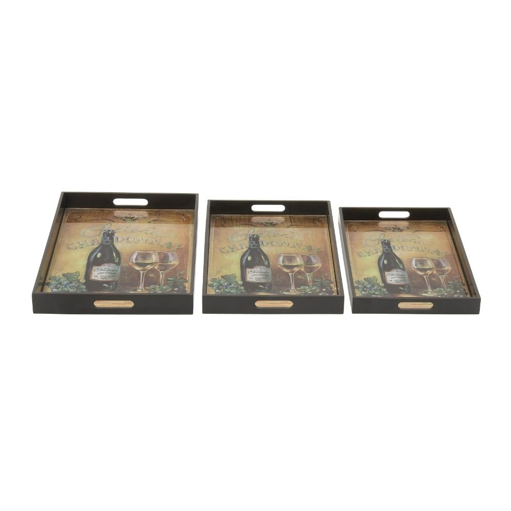 Trendy Wood Glass Tray Set Of 3